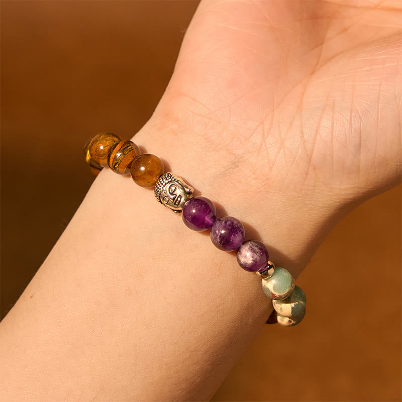 Pulsera de protección para cabeza de Buda de colores variados con Buddha Stones, ónix negro natural, piedra blanca, aventurina verde, ojo de tigre y ágata