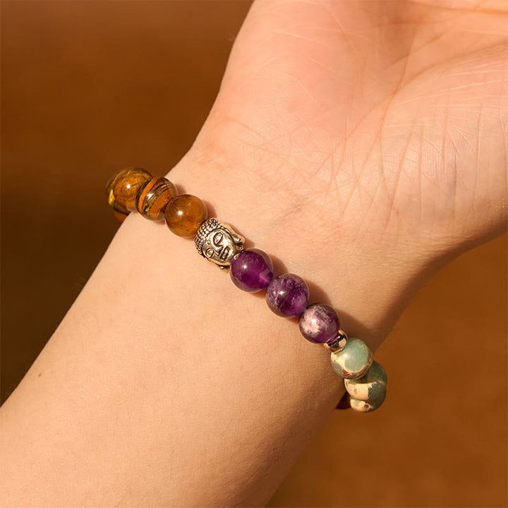 Pulsera de protección para cabeza de Buda de colores variados con Buddha Stones, ónix negro natural, piedra blanca, aventurina verde, ojo de tigre y ágata