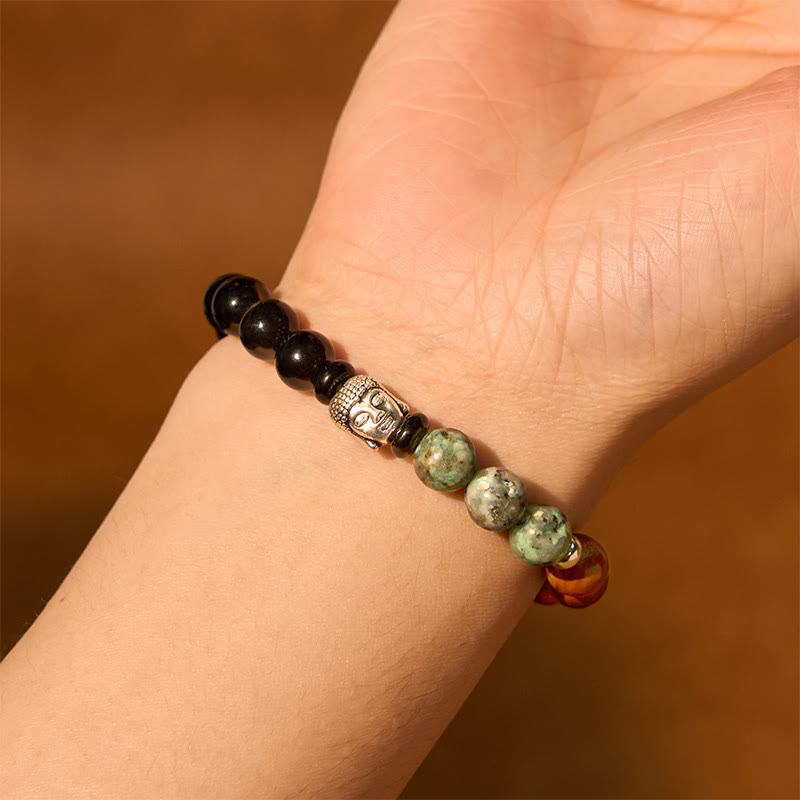 Pulsera de protección para cabeza de Buda de colores variados con Buddha Stones, ónix negro natural, piedra blanca, aventurina verde, ojo de tigre y ágata