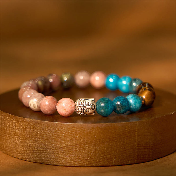 Pulsera de protección para cabeza de Buda de colores variados con Buddha Stones, ónix negro natural, piedra blanca, aventurina verde, ojo de tigre y ágata