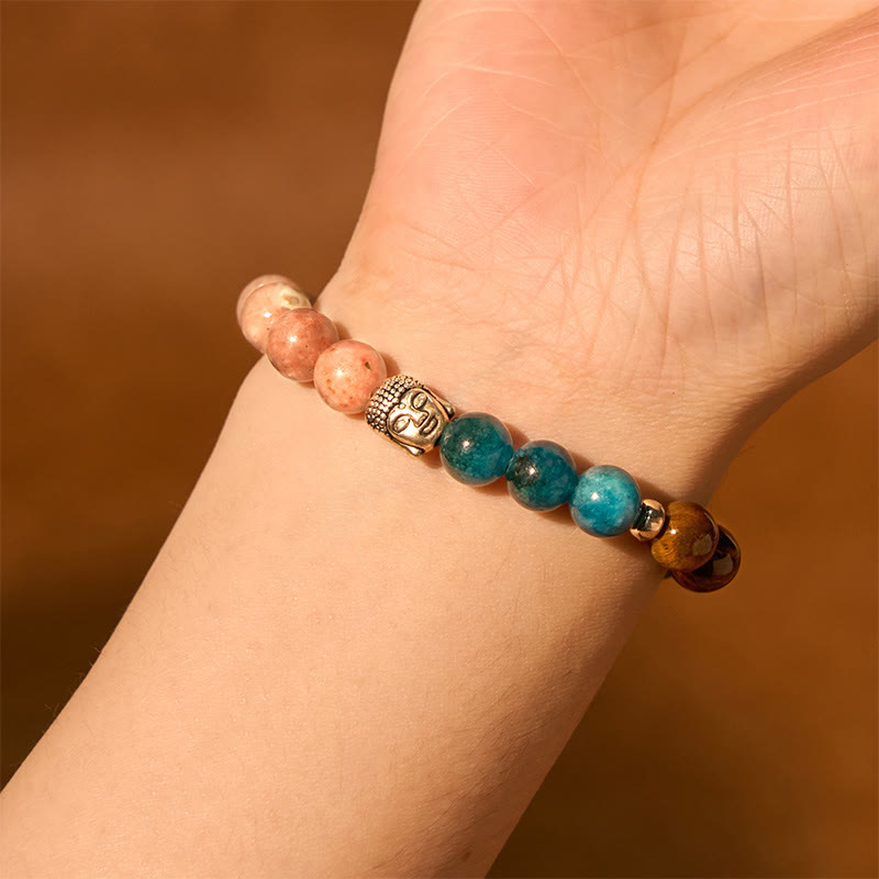 Pulsera de protección para cabeza de Buda de colores variados con Buddha Stones, ónix negro natural, piedra blanca, aventurina verde, ojo de tigre y ágata