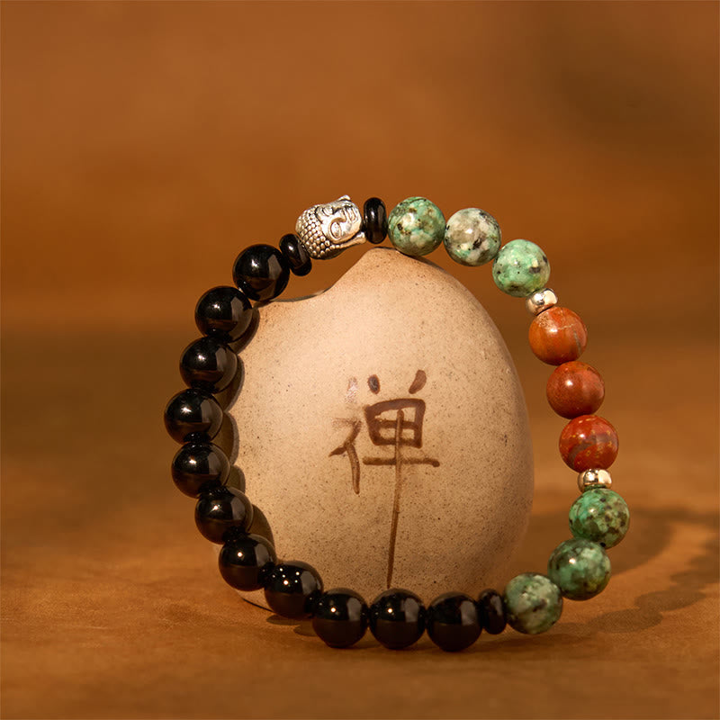 Pulsera de protección para cabeza de Buda de colores variados con Buddha Stones, ónix negro natural, piedra blanca, aventurina verde, ojo de tigre y ágata