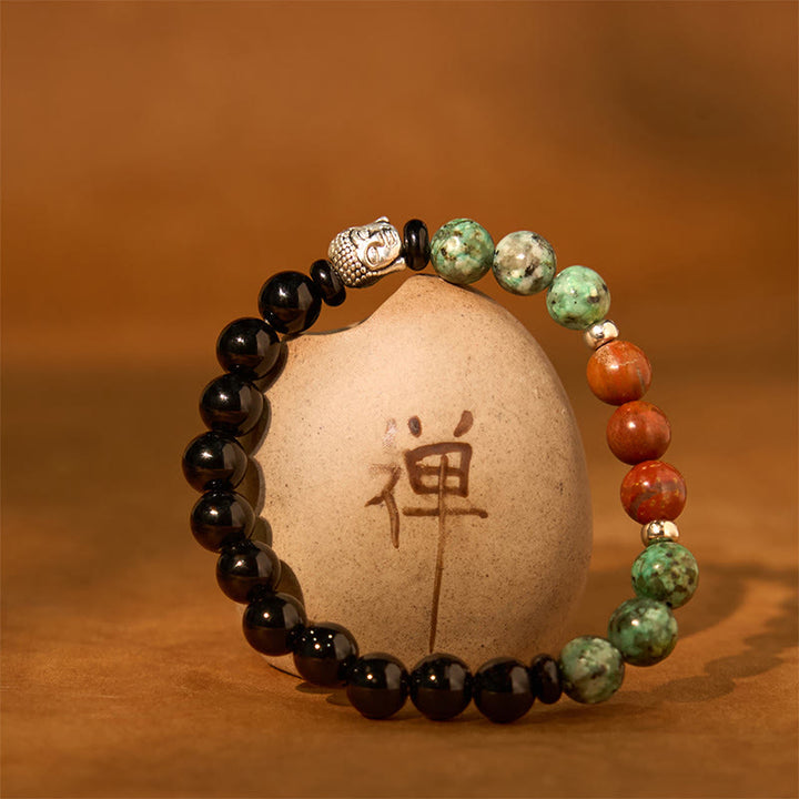 Pulsera de protección para cabeza de Buda de colores variados con Buddha Stones, ónix negro natural, piedra blanca, aventurina verde, ojo de tigre y ágata