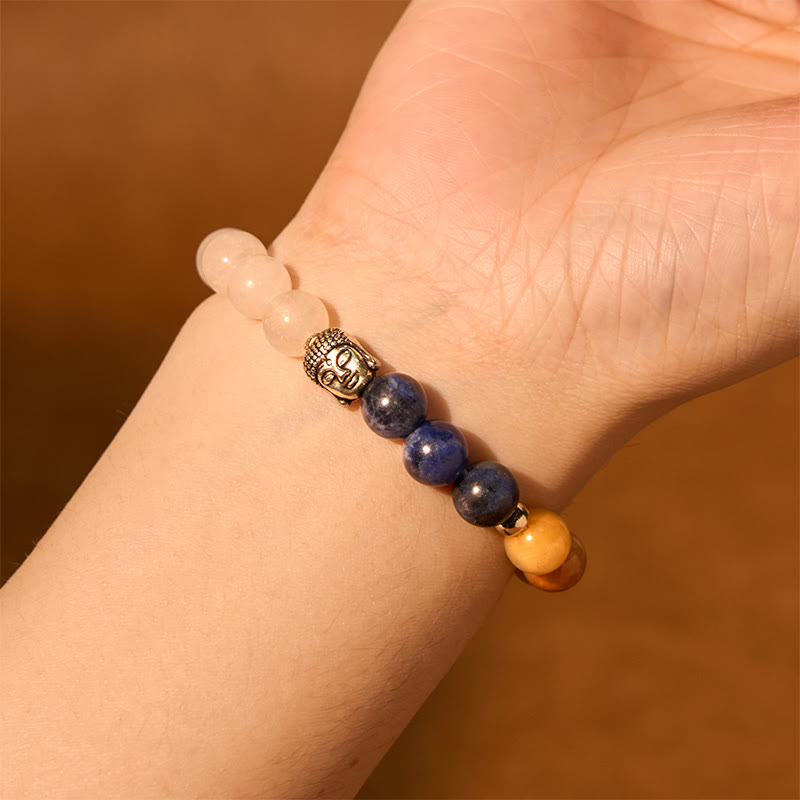 Pulsera de protección para cabeza de Buda de colores variados con Buddha Stones, ónix negro natural, piedra blanca, aventurina verde, ojo de tigre y ágata
