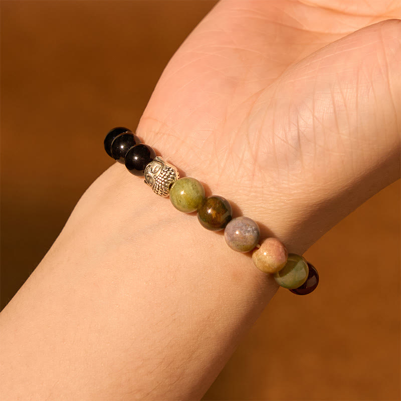 Pulsera de protección para cabeza de Buda de colores variados con Buddha Stones, ónix negro natural, piedra blanca, aventurina verde, ojo de tigre y ágata