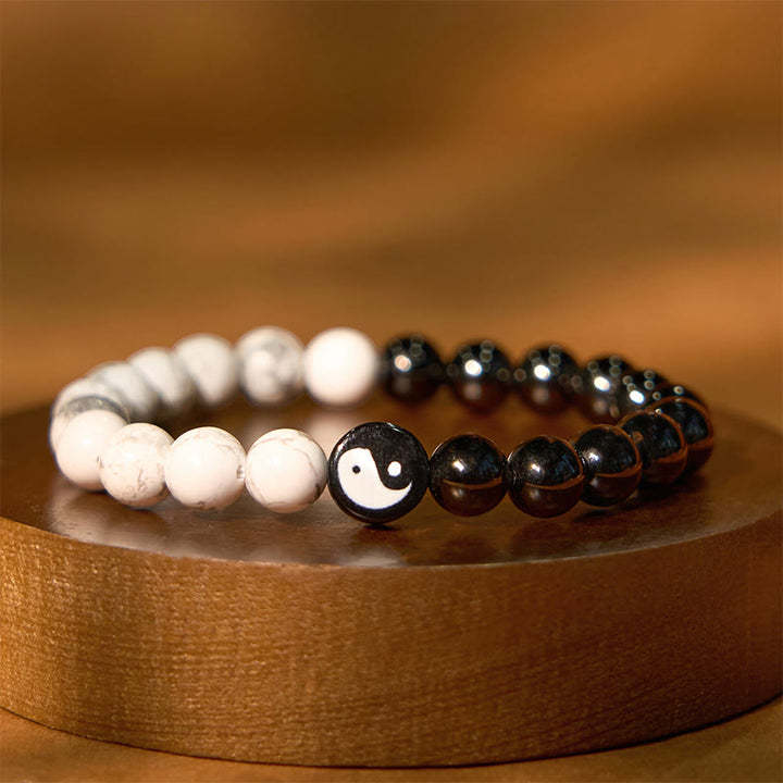 Pulsera de fuerza Yinyang Tai Chi con obsidiana natural, turquesa blanca y Buddha Stones