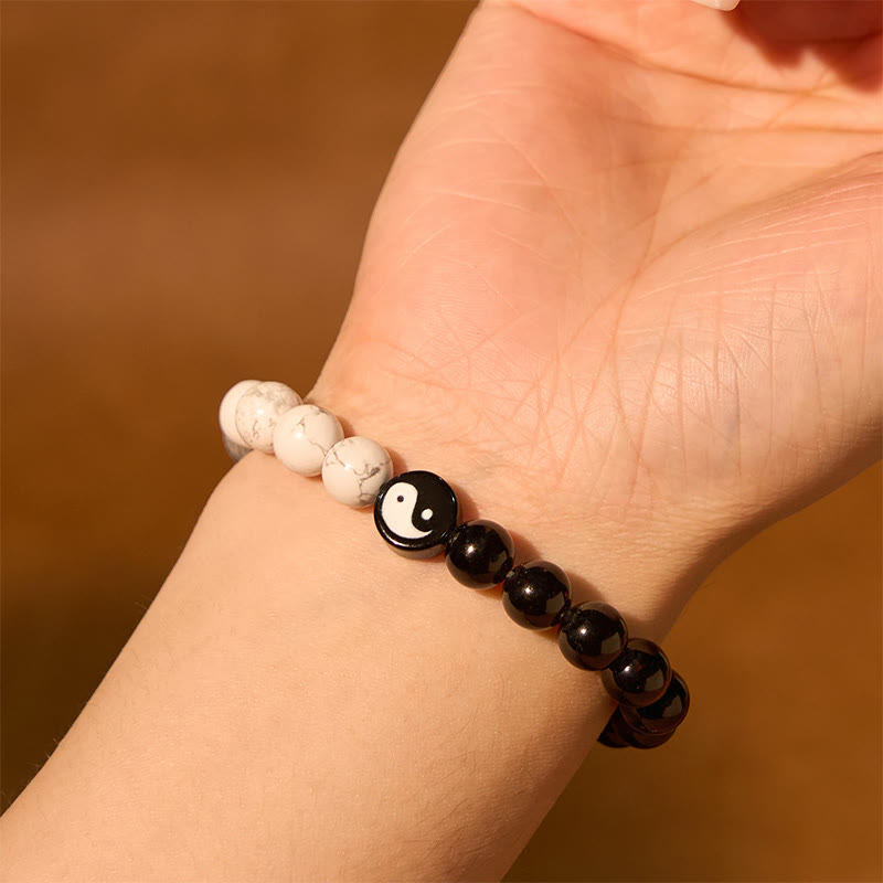 Pulsera de fuerza Yinyang Tai Chi con obsidiana natural, turquesa blanca y Buddha Stones