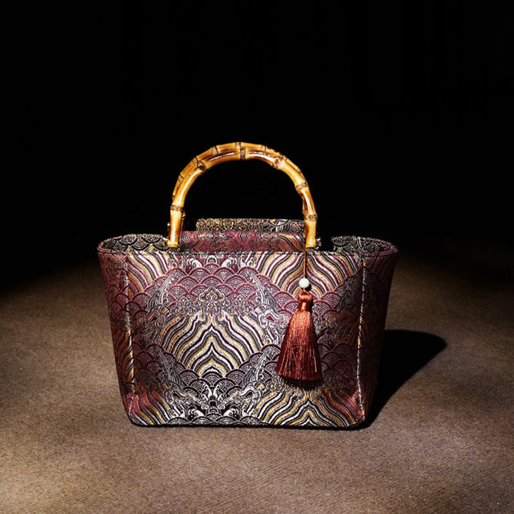 Bolsos colgantes con borlas y asas de bambú con diseño de olas de mar y montaña con Buddha Stones