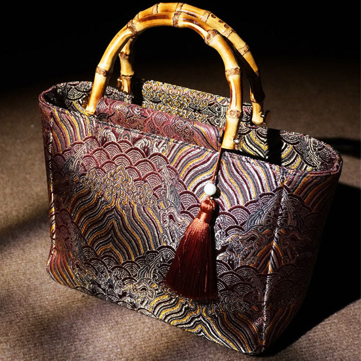 Bolsos colgantes con borlas y asas de bambú con diseño de olas de mar y montaña con Buddha Stones