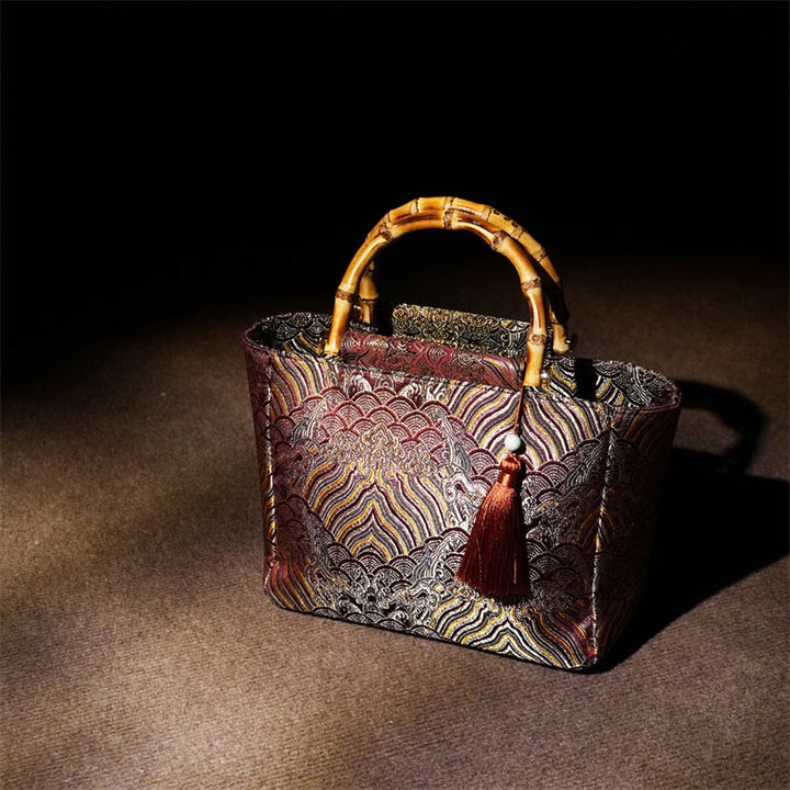 Bolsos colgantes con borlas y asas de bambú con diseño de olas de mar y montaña con Buddha Stones