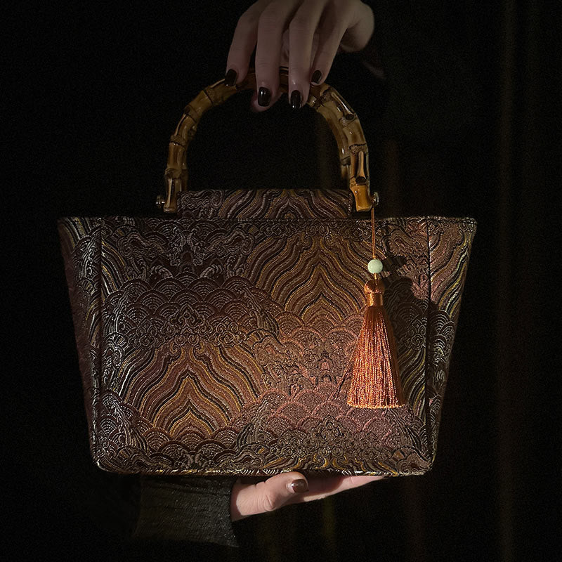 Bolsos colgantes con borlas y asas de bambú con diseño de olas de mar y montaña con Buddha Stones