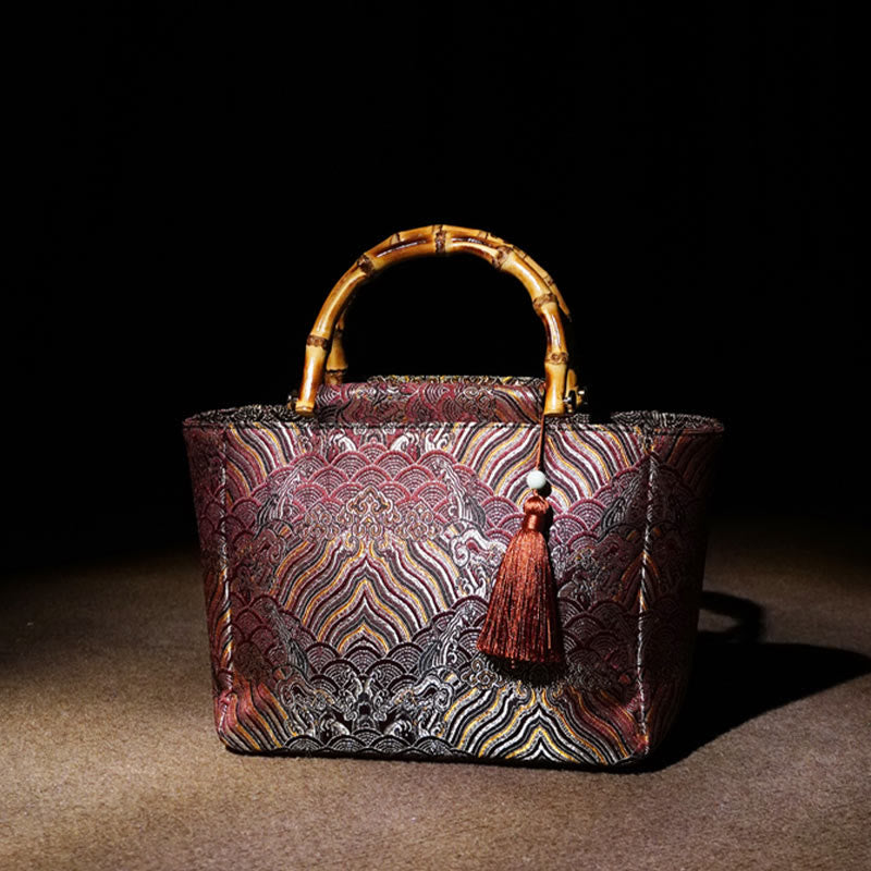 Bolsos colgantes con borlas y asas de bambú con diseño de olas de mar y montaña con Buddha Stones