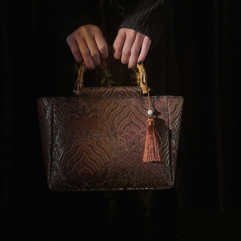 Bolsos colgantes con borlas y asas de bambú con diseño de olas de mar y montaña con Buddha Stones