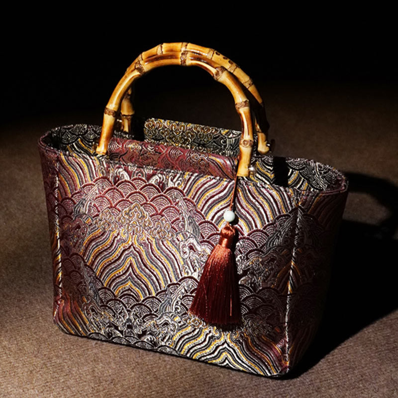 Bolsos colgantes con borlas y asas de bambú con diseño de olas de mar y montaña con Buddha Stones