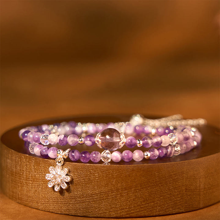 Pulsera de doble vuelta con conciencia espiritual, cristal de amatista y girasol y Buddha Stones