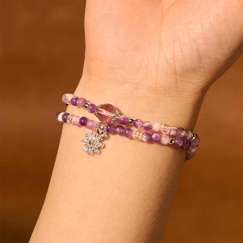 Pulsera de doble vuelta con conciencia espiritual, cristal de amatista y girasol y Buddha Stones