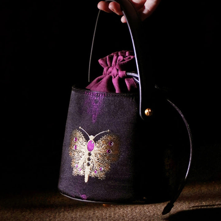 Bolso bandolera con brocado y diseño de mariposas y Buddha Stones