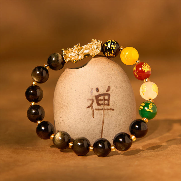 Pulsera de protección de los dioses de la riqueza de las cinco direcciones con obsidiana PiXiu y brillo dorado natural de Buddha Stones