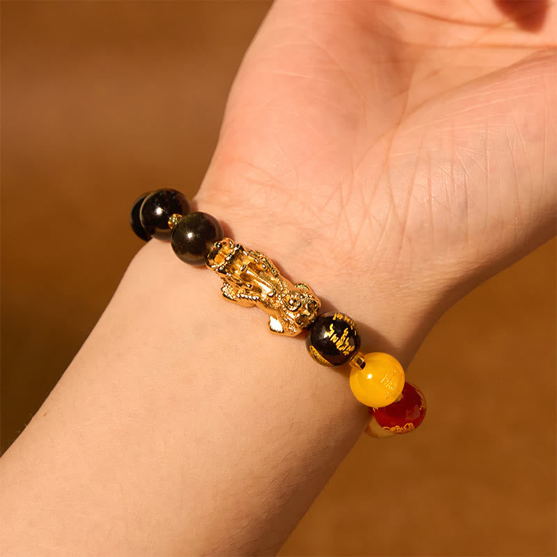 Pulsera de protección de los dioses de la riqueza de las cinco direcciones con obsidiana PiXiu y brillo dorado natural de Buddha Stones