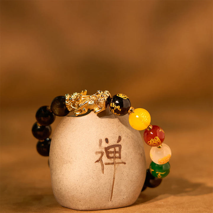 Pulsera de protección de los dioses de la riqueza de las cinco direcciones con obsidiana PiXiu y brillo dorado natural de Buddha Stones