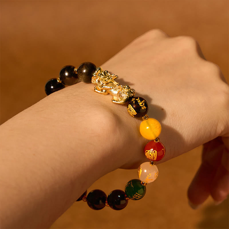 Pulsera de protección de los dioses de la riqueza de las cinco direcciones con obsidiana PiXiu y brillo dorado natural de Buddha Stones