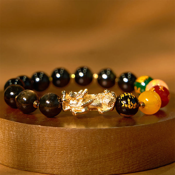 Pulsera de protección de los dioses de la riqueza de las cinco direcciones con obsidiana PiXiu y brillo dorado natural de Buddha Stones