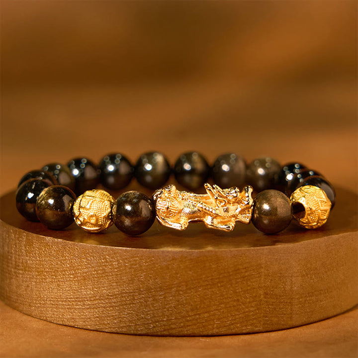 Pulsera de riqueza Om Mani Padme Hum con obsidiana y brillo dorado natural con Buddha Stones