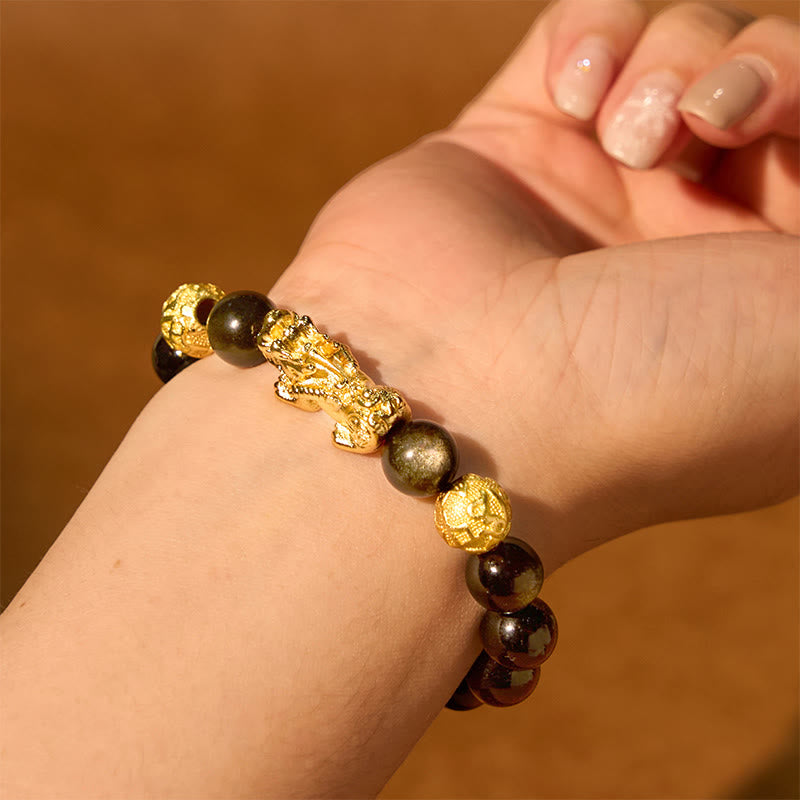 Pulsera de riqueza Om Mani Padme Hum con obsidiana y brillo dorado natural con Buddha Stones
