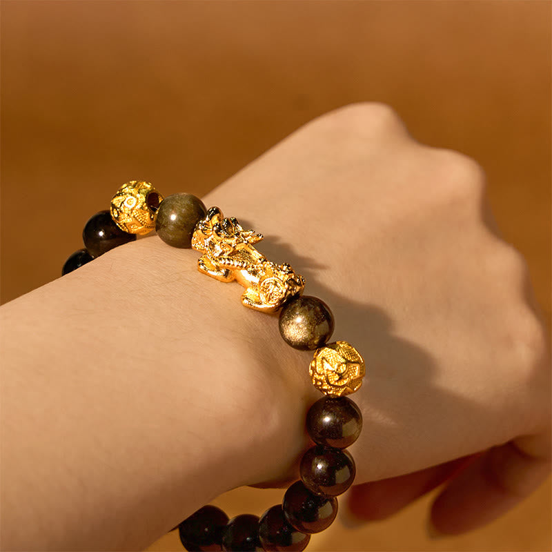 Pulsera de riqueza Om Mani Padme Hum con obsidiana y brillo dorado natural con Buddha Stones