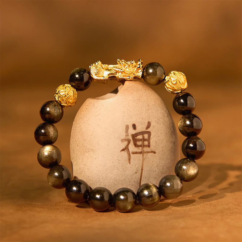 Pulsera de riqueza Om Mani Padme Hum con obsidiana y brillo dorado natural con Buddha Stones