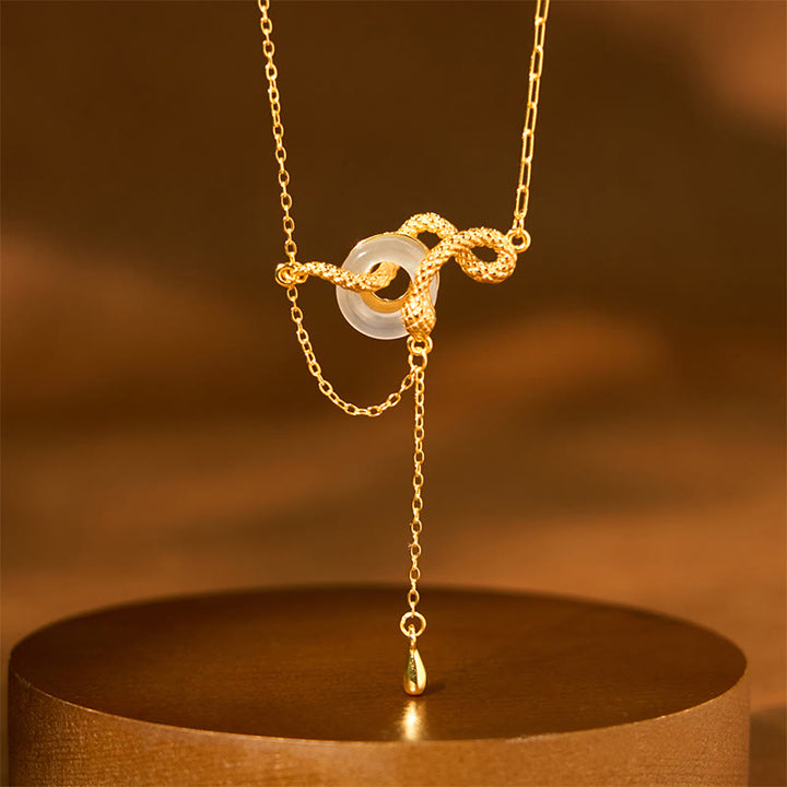 Collar con colgante de armonía del año de la serpiente en plata de ley 925 con hebilla de paz y calcedonia y Buddha Stones - Serpiente dorada de calcedonia en plata de ley 925 (largo: 40 + 5 cm) - image 0