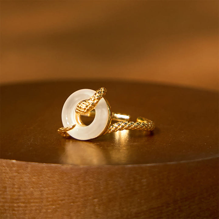 Anillo de armonía del año de la serpiente dorado en plata de ley 925 con hebilla de paz y calcedonia y Buddha Stones - image 2