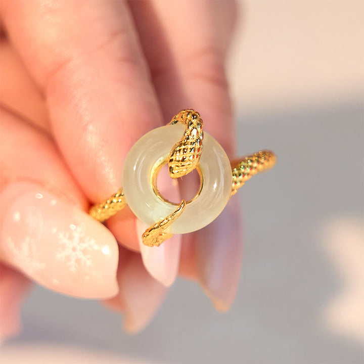 Anillo de armonía del año de la serpiente dorado en plata de ley 925 con hebilla de paz y calcedonia y Buddha Stones - image 10