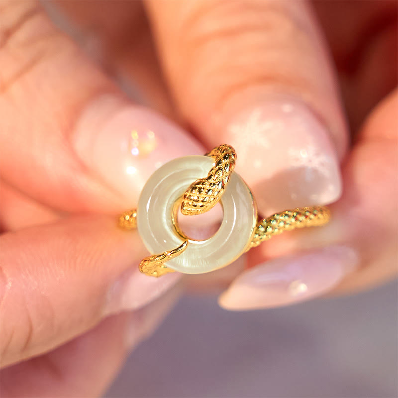 Anillo de armonía del año de la serpiente dorado en plata de ley 925 con hebilla de paz y calcedonia y Buddha Stones - image 9
