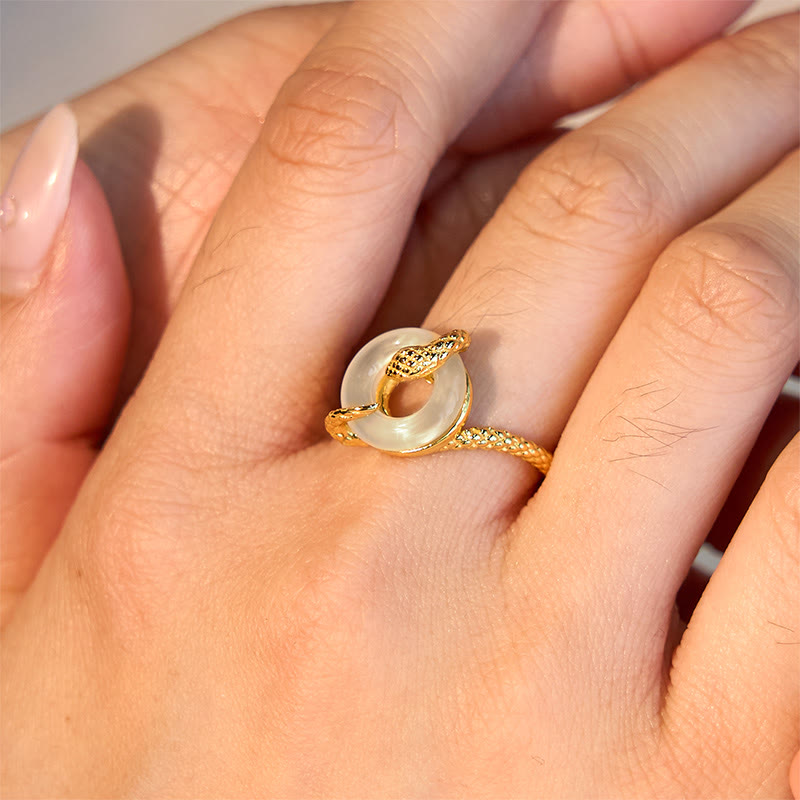 Anillo de armonía del año de la serpiente dorado en plata de ley 925 con hebilla de paz y calcedonia y Buddha Stones - image 11