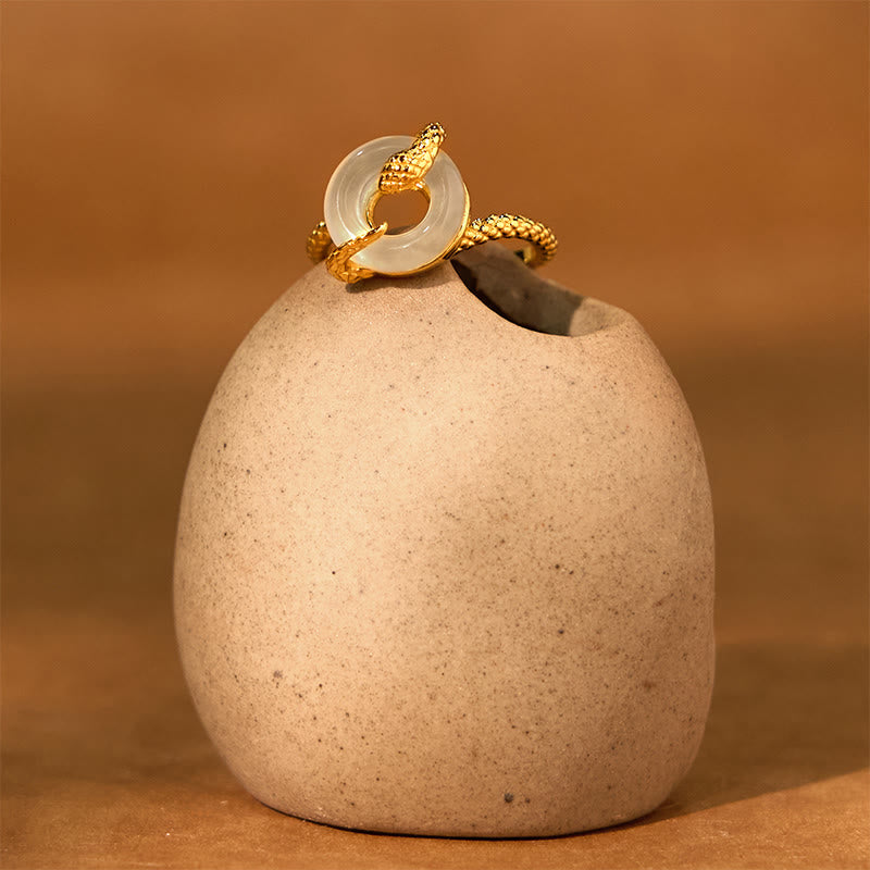 Anillo de armonía del año de la serpiente dorado en plata de ley 925 con hebilla de paz y calcedonia y Buddha Stones - image 3