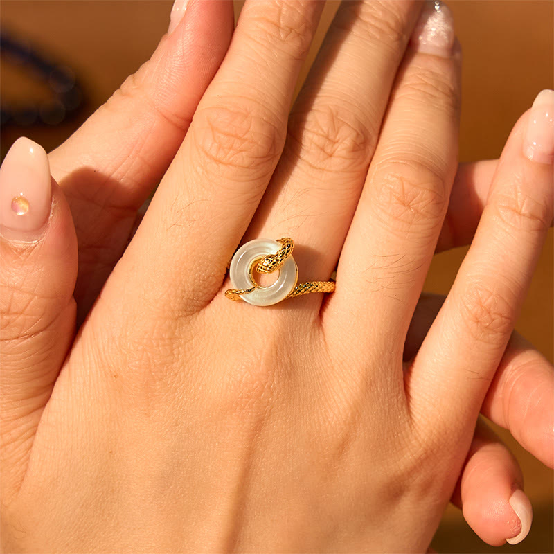 Anillo de armonía del año de la serpiente dorado en plata de ley 925 con hebilla de paz y calcedonia y Buddha Stones - image 12