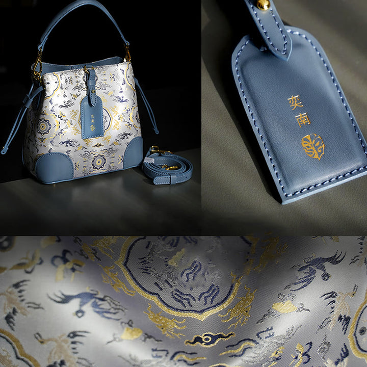 Bolso bandolera con brocado y grabado de ciervo y grulla hecho a mano con Buddha Stones