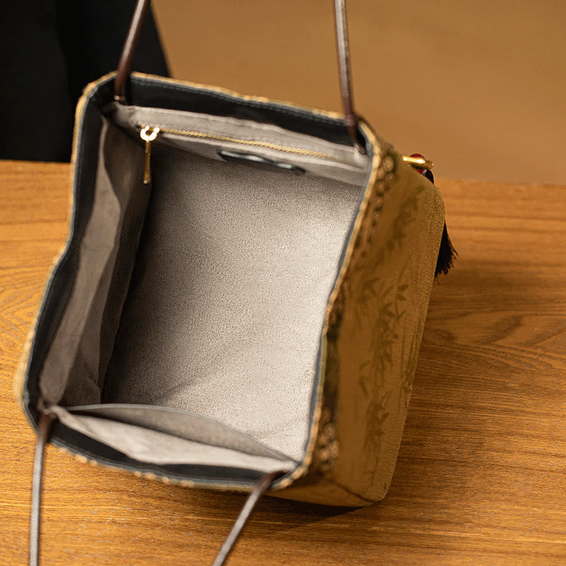 Bolso de Buddha Stones de seda Xiangyunsha con borlas y colgante de cuentas de ramas de bambú y piedras de Buda