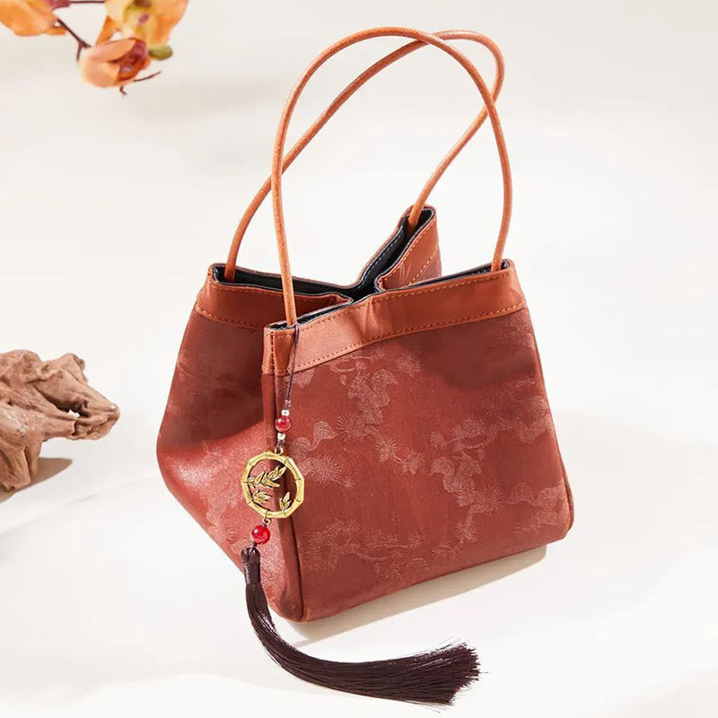 Bolso de Buddha Stones de seda Xiangyunsha con borlas y colgante de cuentas de ramas de bambú y piedras de Buda