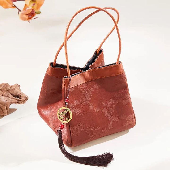 Bolso de Buddha Stones de seda Xiangyunsha con borlas y colgante de cuentas de ramas de bambú y piedras de Buda