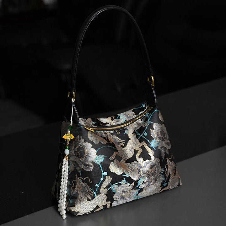 Bolso bandolera con brocado de seda Xiangyunsha con diseño de Buddha Stones, loto, bambú, grulla, ciervo, mariposa, montaña