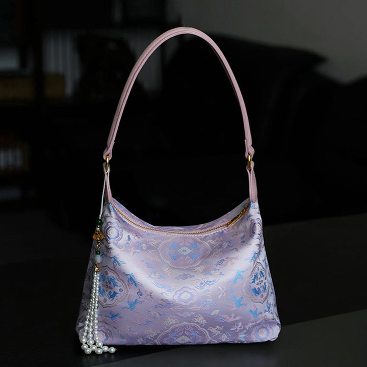Bolso bandolera con brocado de seda Xiangyunsha con diseño de Buddha Stones, loto, bambú, grulla, ciervo, mariposa, montaña