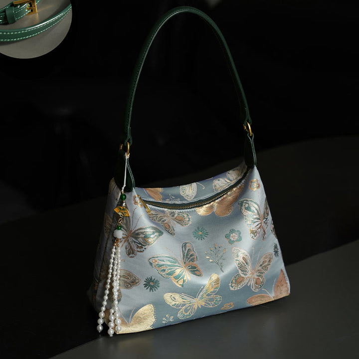 Bolso bandolera con brocado de seda Xiangyunsha con diseño de Buddha Stones, loto, bambú, grulla, ciervo, mariposa, montaña