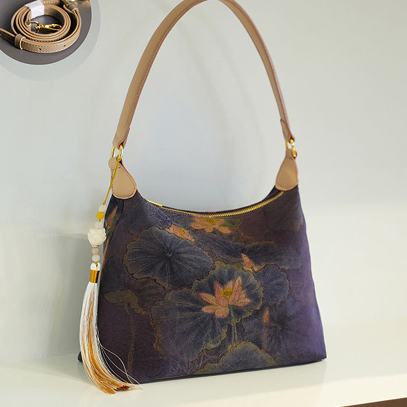 Bolso bandolera con brocado de seda Xiangyunsha con diseño de Buddha Stones, loto, bambú, grulla, ciervo, mariposa, montaña