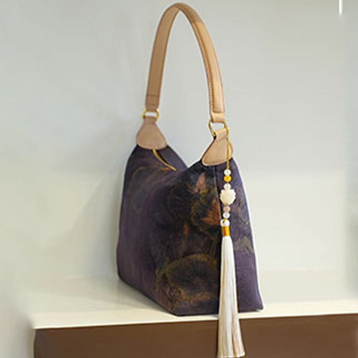 Bolso bandolera con brocado de seda Xiangyunsha con diseño de Buddha Stones, loto, bambú, grulla, ciervo, mariposa, montaña