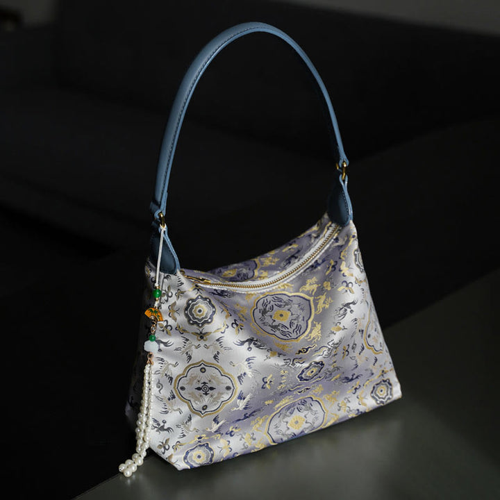 Bolso bandolera con brocado de seda Xiangyunsha con diseño de Buddha Stones, loto, bambú, grulla, ciervo, mariposa, montaña