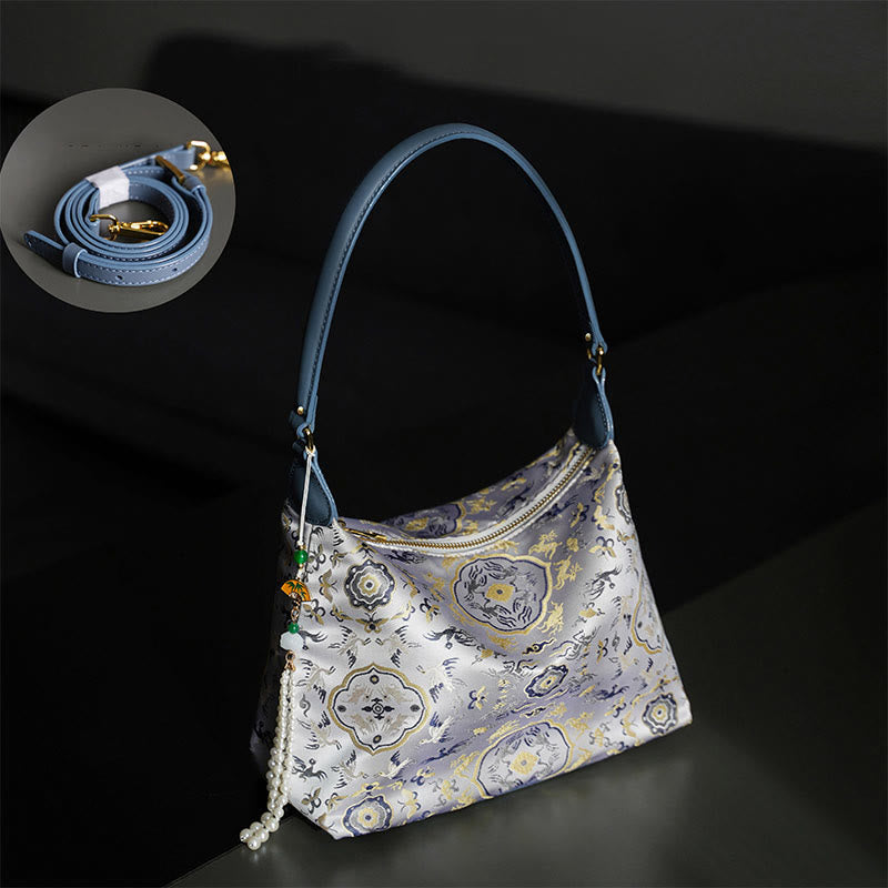 Bolso bandolera con brocado de seda Xiangyunsha con diseño de Buddha Stones, loto, bambú, grulla, ciervo, mariposa, montaña
