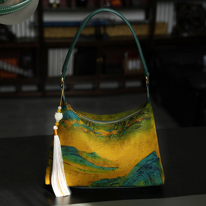 Bolso bandolera con brocado de seda Xiangyunsha con diseño de Buddha Stones, loto, bambú, grulla, ciervo, mariposa, montaña
