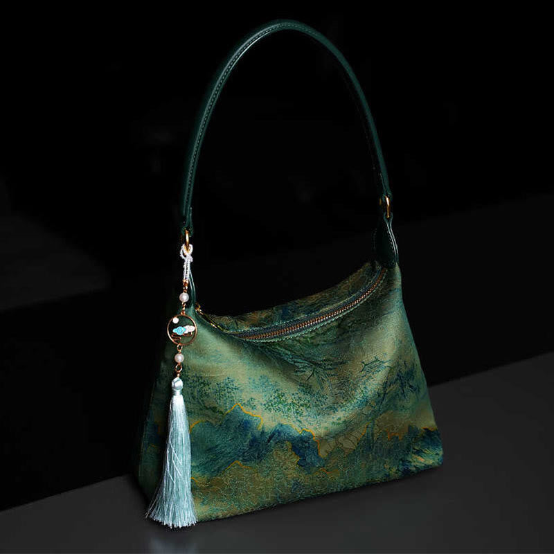 Bolso bandolera con brocado de seda Xiangyunsha con diseño de Buddha Stones, loto, bambú, grulla, ciervo, mariposa, montaña